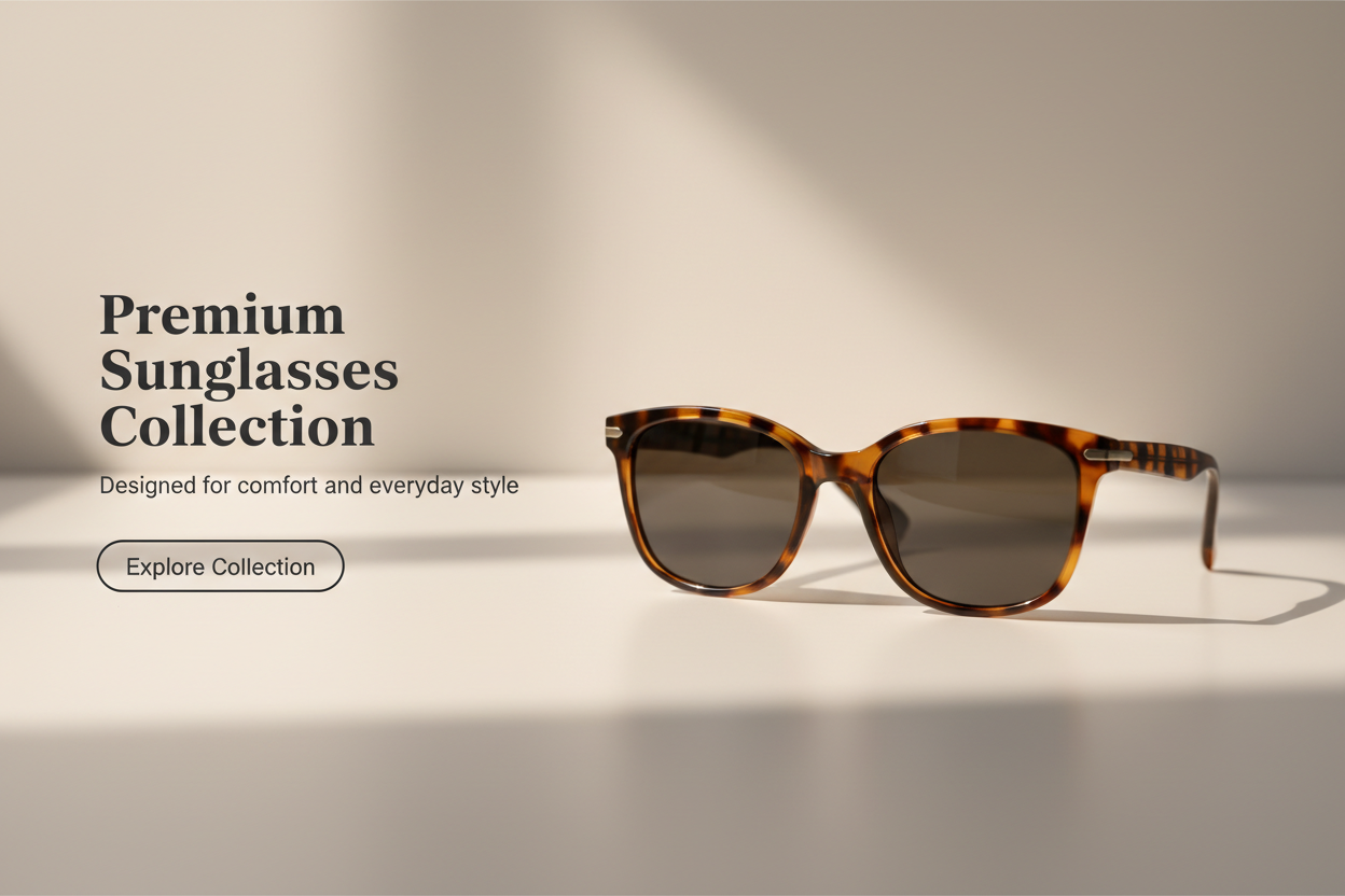Create a clean and premium sunglasses banner for Shopify Dawn theme.

Canvas size: 1200x500 pixels.
Minimal and modern layout.
Product fully visible, centered, not zoomed in.
Soft lighting, clean neutral background.
High-end fashion e-commerce style.

Add banner text:
Headline: "Premium Sunglasses Collection"
Subtext: "Designed for comfort and everyday style"

Add a minimal CTA button text:
"Explore Collection"

Typography should be modern, elegant, and readable.
Leave proper empty space for text.
No cinema